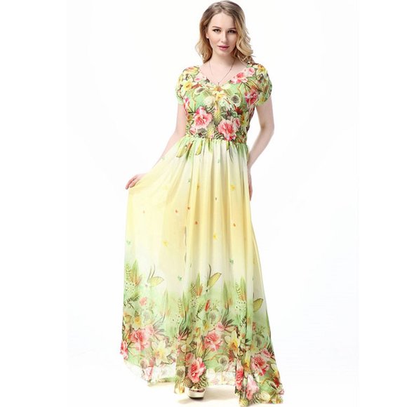 Floral Summer Dress Yellow & Light Green Chiffon Plus Size Dresses Short Sleeve - Picture 3 of 9